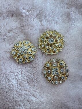 3 Gold-Tone Crystal Brooches - Elegant Floral Pin
